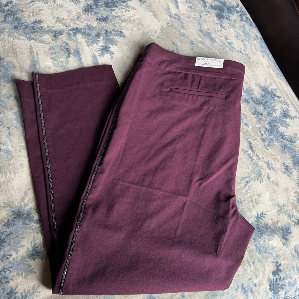Chico’s Caviar Beaded Brigitte Slim Leg Ankle Pants in Deep Raisin